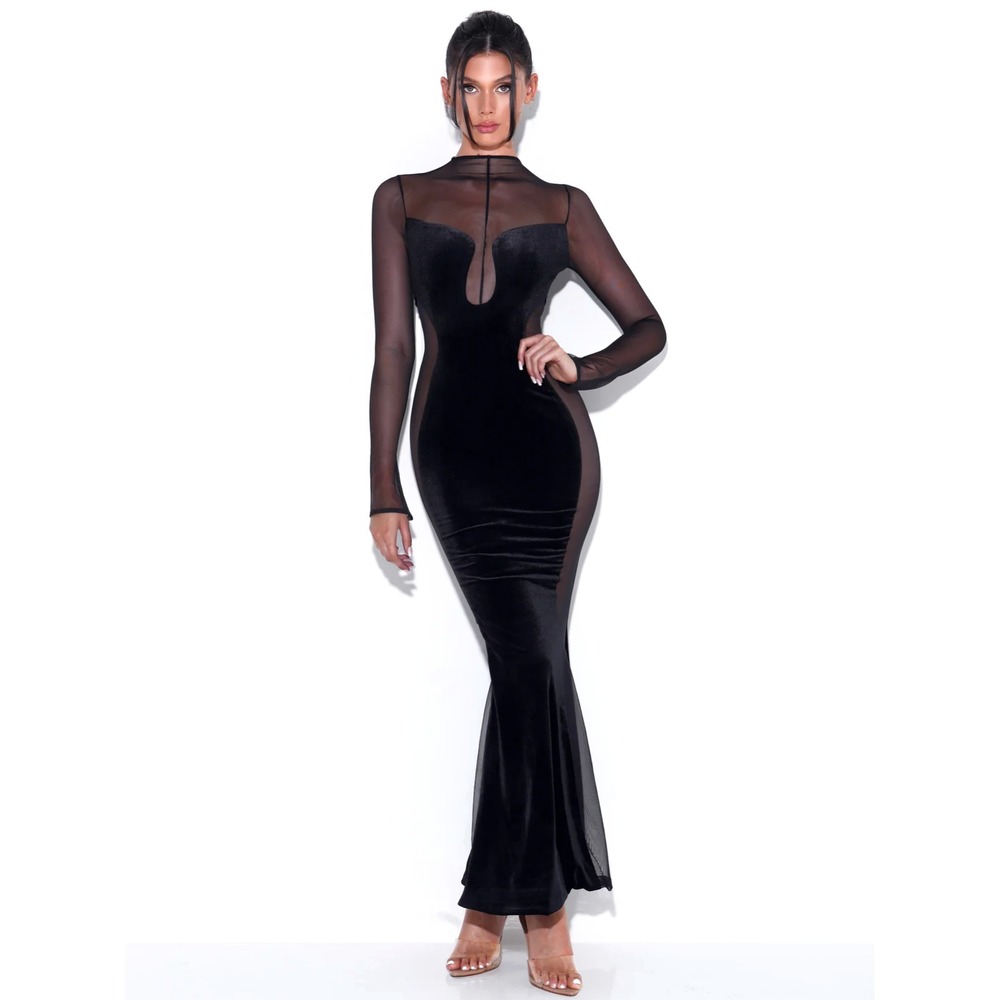 NWT Women Paislee Velvet Mesh Long Sleeve Gown XL Black Sultry Vamp Femme Fatale